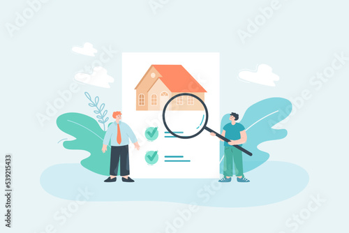 Man examining information about house before buying. Building on paper with checkmarks, agent offering house flat vector illustration. Property, home insurance concept for banner or landing web page