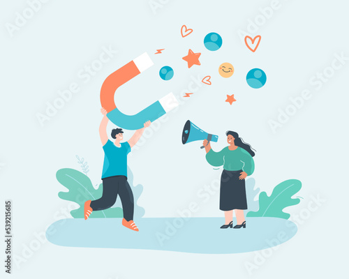 Worker with magnet using strategy for attracting new followers. Woman with loudspeaker making announcement flat vector illustration. Social media, marketing concept for banner or landing web page