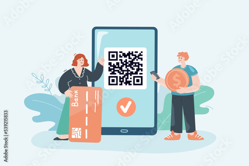 Man and woman paying for purchase using QR code. Huge phone, guy holding gold coin, girl with credit card flat vector illustration. Payment, technology, finances concept for banner or landing web page