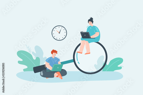 Man and woman searching for information on Internet via laptops. Worker with laptop sitting on magnifying glass flat vector illustration. Search, information, internet, technology concept for banner