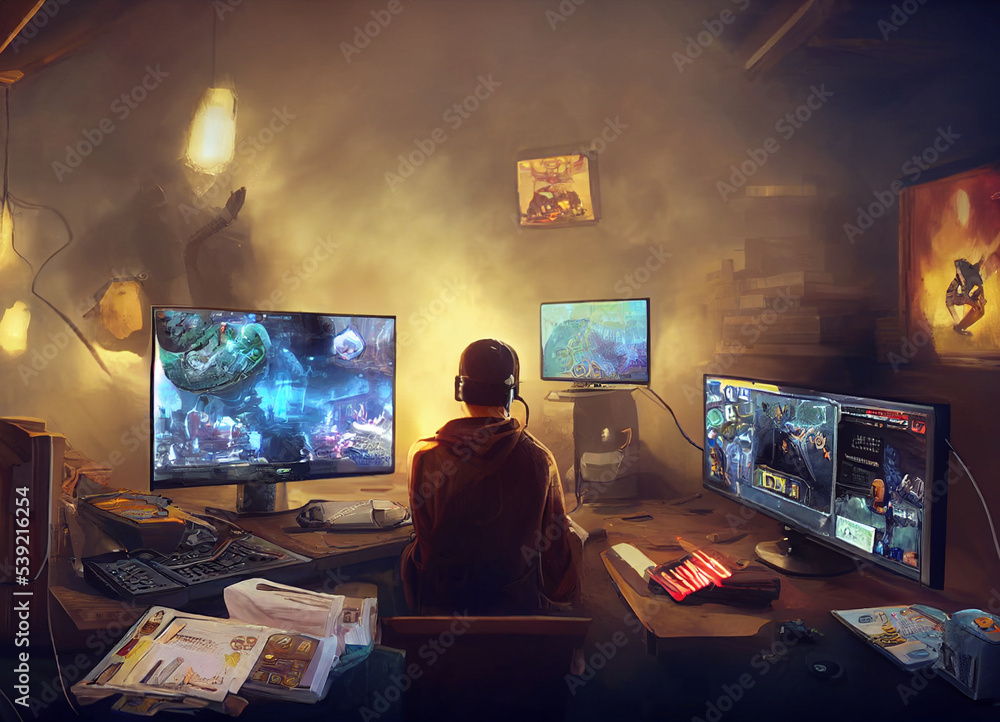 Playing computer games, gamer looking at monitor and play to earn money, crypto gaming concept, action on the screen Playing computer games, gamer looking at monitor and play to earn money, crypto gaming concept, action on the screen