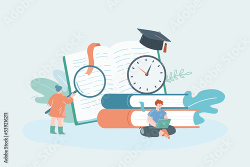 Student using laptop and girl studying big textbook. Stopwatch or timer on huge books flat vector illustration. Education, time management, graduation concept for banner or landing web page