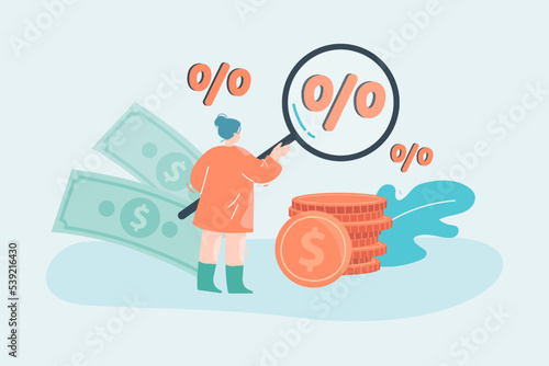 Back view of woman with magnifier analyzing finances. Businesswoman studying percent sign, stack of coins, banknotes flat vector illustration. Economy, banking concept for banner or landing web page