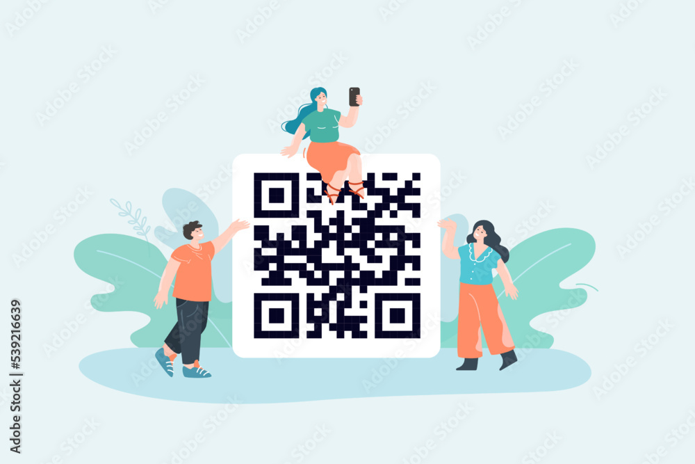 Tiny female customer with phone sitting on top of QR code. Tiny man and woman pointing at barcode flat vector illustration. Shopping, technology, information concept for banner or landing web page