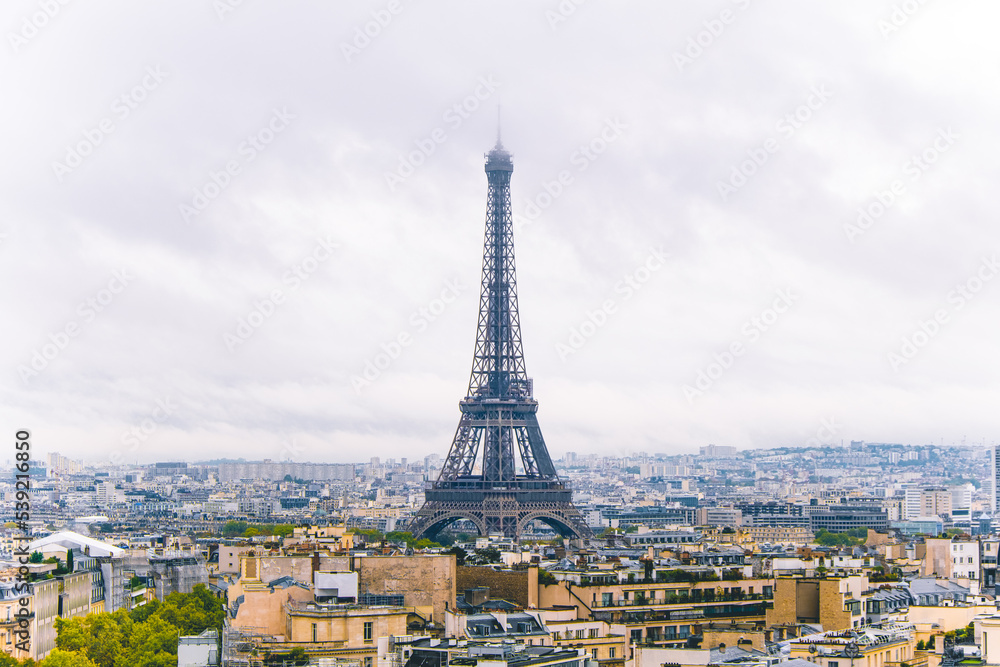 Eiffel Tower in Paris on a cloudy day