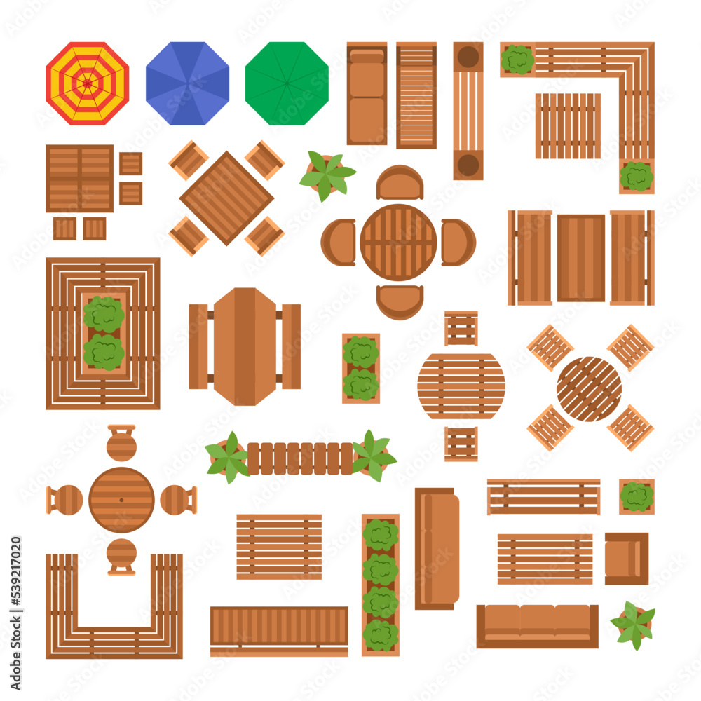 Garden furniture and trees set for outdoor plan. Vector illustrations of patio and yard landscape elements. Cartoon wood chairs and table, bench, couch isolated on white. Architecture, design concept