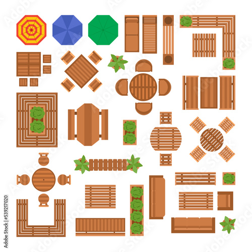 Obraz na płótnie Garden furniture and trees set for outdoor plan. Vector illustrations of patio and yard landscape elements. Cartoon wood chairs and table, bench, couch isolated on white. Architecture, design concept w salonie