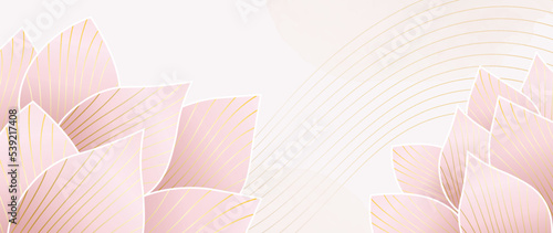 Luxury pink vector background of lotus flowers on a watercolor background with golden lines.  Elegant gold botanical illustration suitable for fabric, prints, cover.
