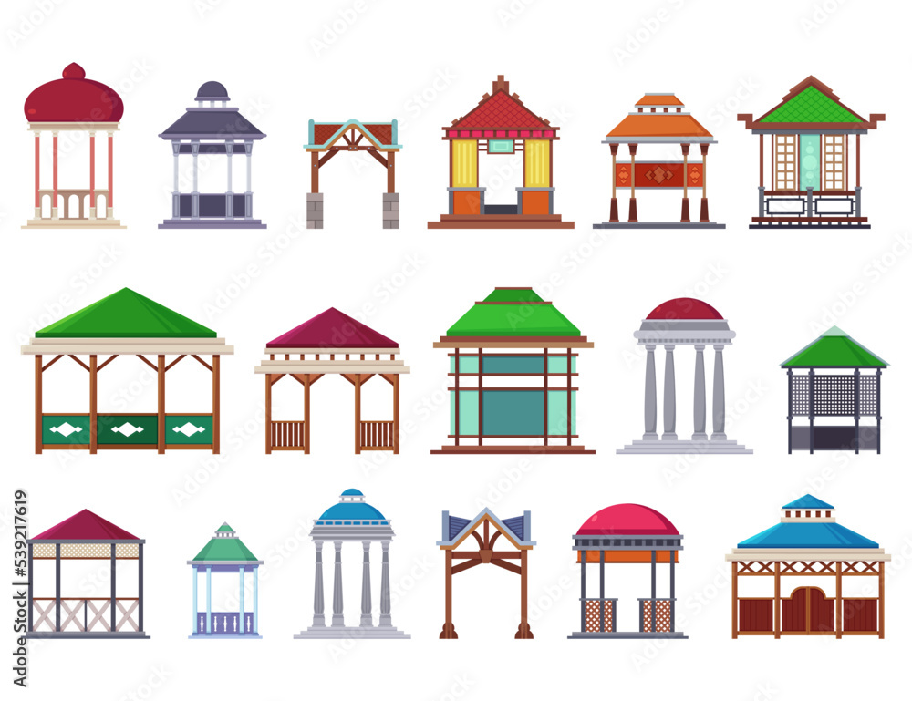 Gazebos or pergolas of different styles vector illustrations set. Cartoon drawings of bowers for wedding pavilion, shelter, park isolated on white background. Garden, concept