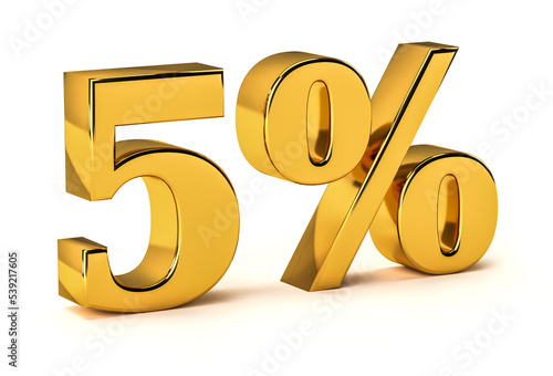 3d golden 5 percent off discount isolated on white background for sale promotion.
