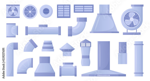 Air duct systems set. Vector illustrations of vent pipes with fan and ventilator, chimney and tubes. Cartoon ductwork for air conditioning, cooling and cleaning isolated on white. Ventilation concept
