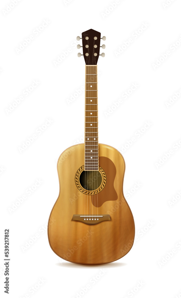 3d realistic vector icon. Acoustic wooden guitar. Isolated on white background.