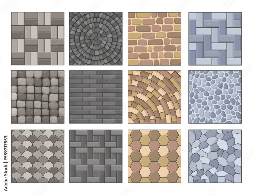 Stone tiles textures set for city pavement. Vector illustrations of cobblestone road with mosaic cobble flagstone blocks. Cartoon top view of pave pattern isolated on white. Sidewalk, paving concept Stone tiles textures set for city pavement. Vector illustrations of cobblestone road with mosaic cobble flagstone blocks. Cartoon top view of pave pattern isolated on white. Sidewalk, paving concept