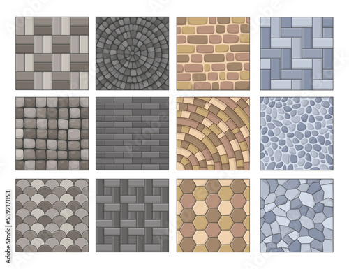 Stone tiles textures set for city pavement. Vector illustrations of cobblestone road with mosaic cobble flagstone blocks. Cartoon top view of pave pattern isolated on white. Sidewalk, paving concept