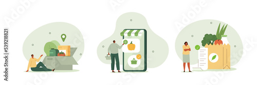 Grocery food illustration set. Character buying online fresh organic vegetables and other groceries, paying for an order and receiving delivery. Online supermarket concept. Vector illustration.