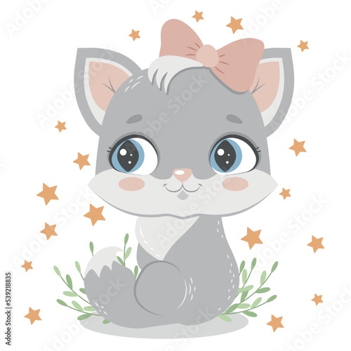 Cute gray kitty with a pink bow. Children s vector illustration for children s room  textile  poster  postcard.