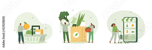 Grocery store illustration set. Character buying in supermarket and online fresh organic vegetables and other groceries and putting in bag or basket. Food buying concept. Vector illustration.