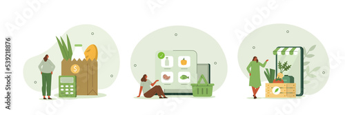 Grocery store illustration set. Character buying in supermarket and online fresh organic vegetables and other groceries. Food buying concept. Vector illustration.