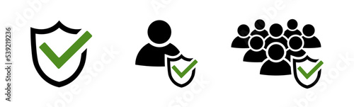 People and shield security symbols. Protection icon set in flat. User profile security sign. User with shield symbol. Mark approved icon. Guard shield icon with tick Vector illustration for graphic