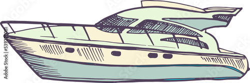 Modern yacht color sketch. Hand drawn speedboat