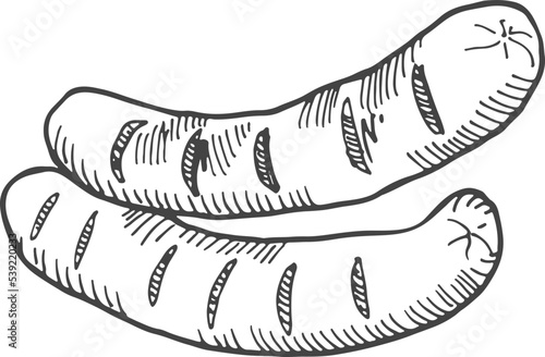 Grilled sausages sketch. Hand drawn bbq food