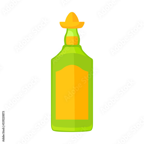 Cartoon Mexican traditional symbol. Flat vector illustration. Colorful bottle of tequila. Culture, travel, Mexica concept