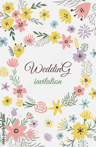 Wedding invitation with cute floral ornament. Elegant card template
