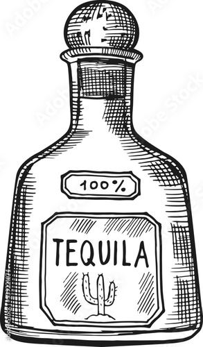 Tequilla bottle engraving. Mexican alcohol drink sketch