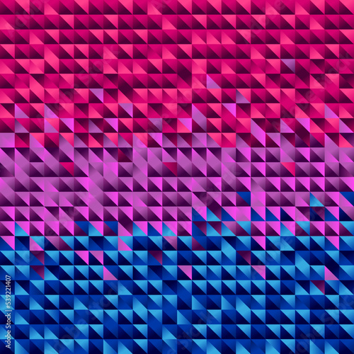 Abstract background of small colorful pink, purple and blue triangles. The flag of bisexual pride. Sexual identification.