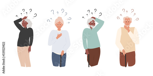 Set of senior characters think, confused grandfather, grandmother forget and trying remember. Forgetful elderly people with Alzheimer Disease. Cartoon flat Vector Illustration