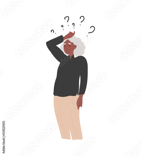 Black older gray-haired woman with dementia or Alzheimer. Concept of memory loss
