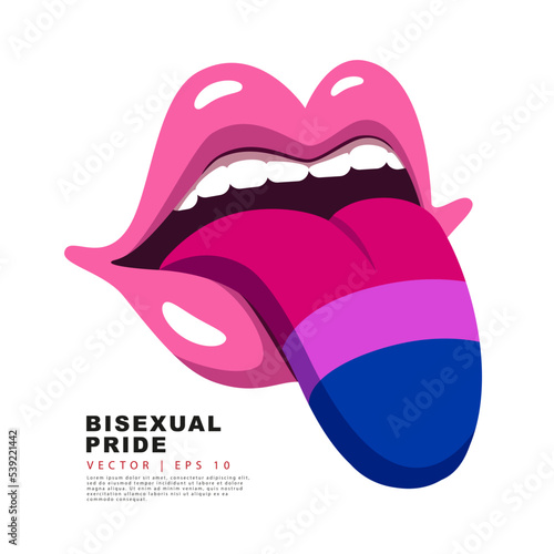 Pink lips with a protruding tongue painted in the colors of the bisexual pride flag. A colorful logo of one of the LGBT flags. Sexual identification. Vector illustration photo