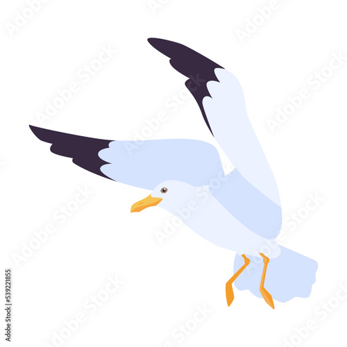 Cartoon beach seagull flying in sky vector illustration. Isolated flat gull sitting and soaring on blue background. Atlantic bird, nature concept for apps, advertising