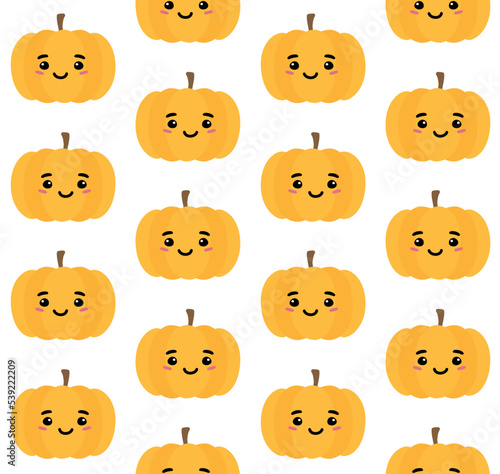 Vector seamless pattern of hand drawn flat pumpkin with face isolated on white background