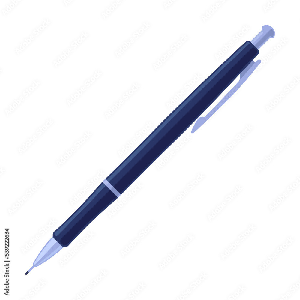 Blue pen vector illustration. Cartoon school writing tool, ink pen, mechanical pencils on white background. School, writing materials or instrument
