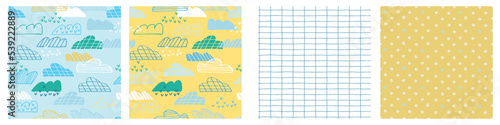 Seamless patterns set with with blue sky, clouds, rain showers and sun. Childs drawing style. Wallpaper, backgound for kids. Perfect for baby, toddler clothing, bed linen