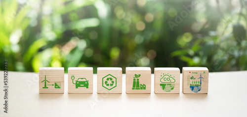 Carbon footprint and carbon emission reduction concept Symbols of carbon footprints on a wooden cube with an eco-friendly insignia. Environmental and climatic change are concepts. LCA.