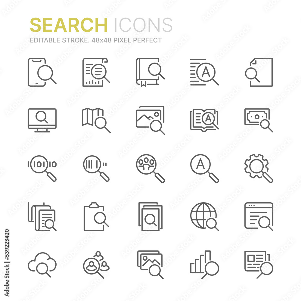 Collection of search related outline icons. 48x48 Pixel Perfect. Editable stroke Collection of search related outline icons. 48x48 Pixel Perfect. Editable stroke