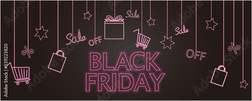 Black Friday concept neon lettering graphic illustration. Black Friday lettering and shopping icons decoration background. Vector illustration. Neon sigh graphic for Black Friday promotion.