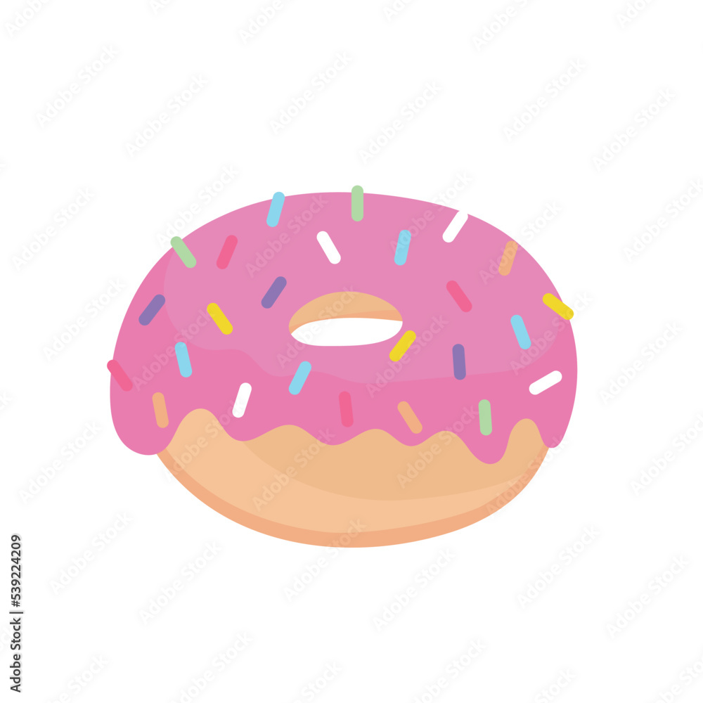 Donut with pink glaze. Donut icon. Cute, colorful and glossy donut with pink glaze and multicolored powder. Simple modern design. Vector illustration in cartoon style Donut with pink glaze. Donut icon. Cute, colorful and glossy donut with pink glaze and multicolored powder. Simple modern design. Vector illustration in cartoon style