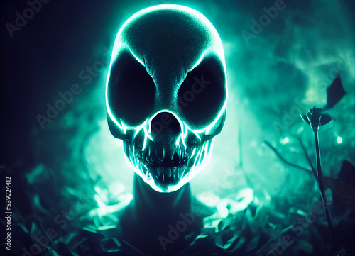 green halloween skull in the dark