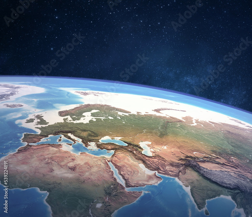 Fototapeta Naklejka Na Ścianę i Meble -  High angle satellite view of Planet Earth, focused on Europe, East Asia and North Africa - Elements of this image furnished by NASA