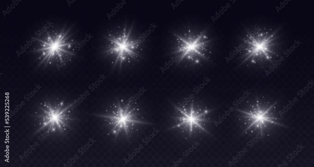 Lens flares with sparkles, white starbursts set, shiny camera flashes