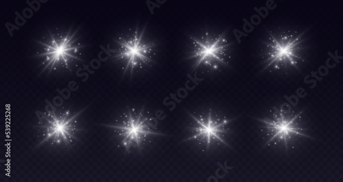 Lens flares with sparkles, white starbursts set, shiny camera flashes. Glowing lasers with particles, transparent overlay glare effect. Magic spark with fairy dust. Vector illustration.