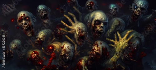 Halloween Horror Zombies With Their Hands In The Air, Incredible Wallpaper Background. Epic Concept Art Style Illustration.