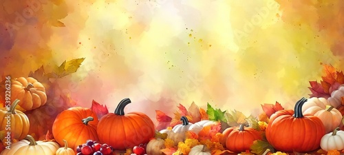 Fall Scene With Pumpkins And Leaves, Amazing Thanksgiving Watercolor Abstract Background.