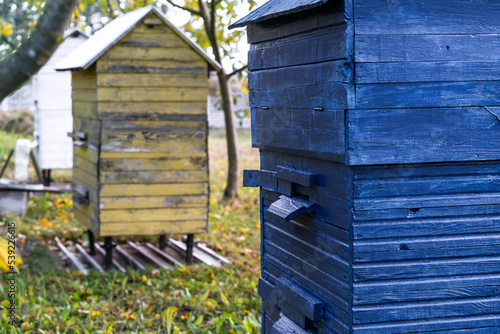 Yellow and blue bee hive in the garden in the village