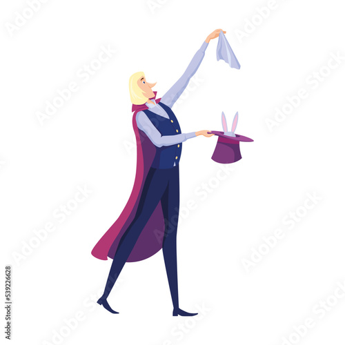 Circus illusionist. Cartoon magician man in cape juggling or taking rabbit from top hat isolated on white. Vector illustration for show, festive fair, entertainment for kids