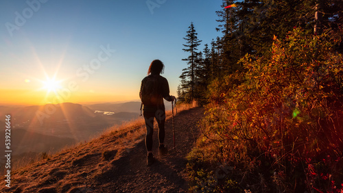 Adventurous Woman Hiking in Canadian Landscape with Fall Colors during sunny sunset. Elk Mountain, Chilliwack, East of Vancouver, British Columbia, Canada. Adventure Travel Concept