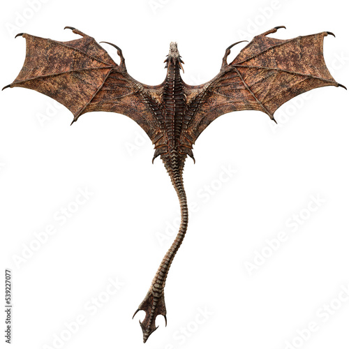 Flight of the dragon. Fast moving ferocious dragon on a transparent overlay PNG. 3d rendering